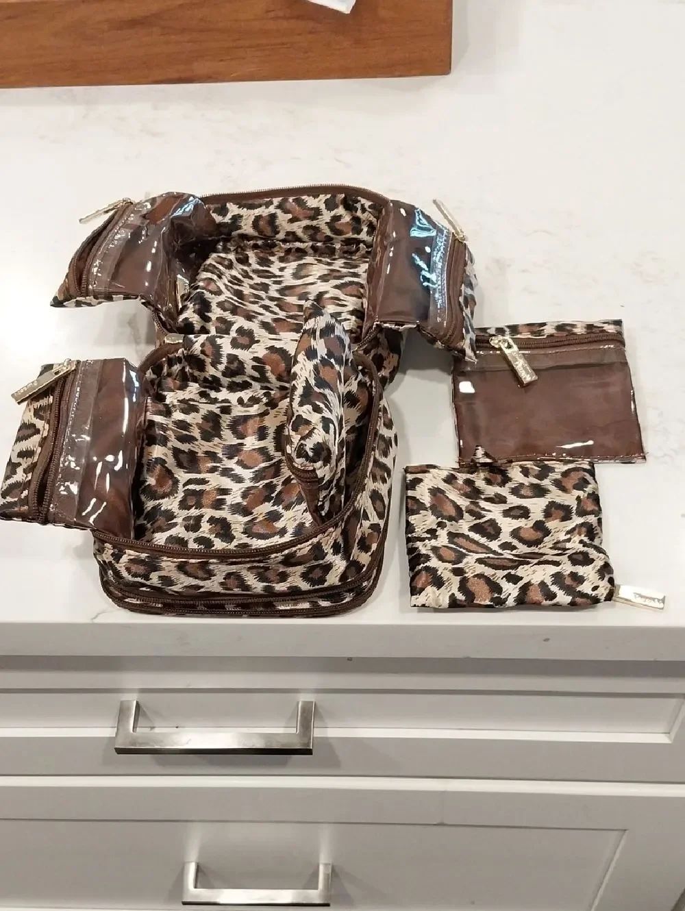 PurseN Leopard Print Travel Cosmetic Organizer Set in Brown and Black.